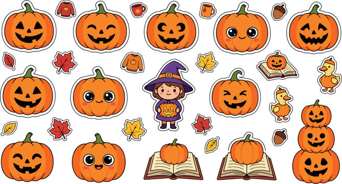 Halloween pumpkins and cute witch with autumn leaves during fall celebration Isolated on white background