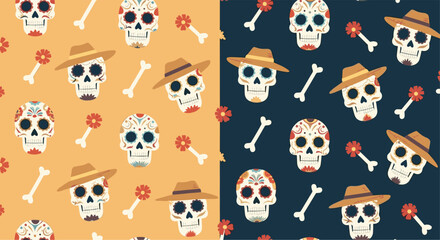 Obraz premium Festive Day of the Dead seamless pattern showcasing decorated sugar skulls with hats, bones, and orange marigolds.