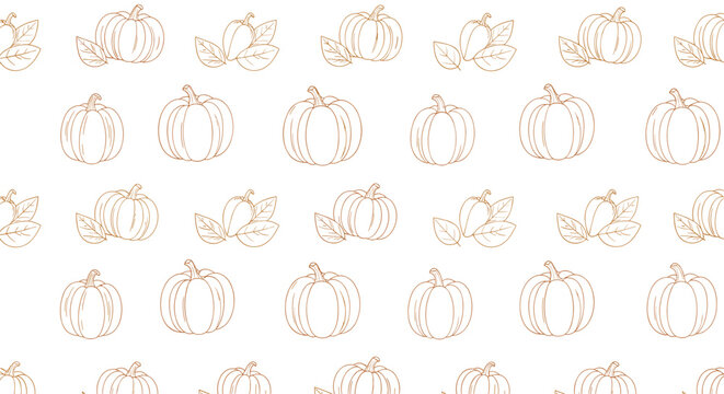 Beautiful autumn seamless pattern featuring elegant golden brown hand drawn pumpkins and fall leaves on white.