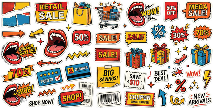 Art & Retail sale promotion and shopping sticker bundle with shopping bag pop art shop now shopping discount promotion commerce marketing business illustration elements best deal new arrivals