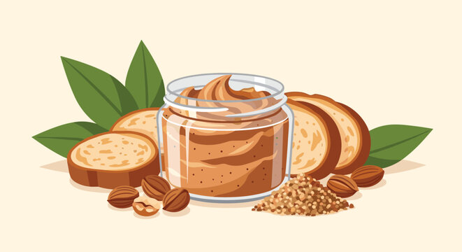 Hazelnut cocoa spread jar surrounded by fresh sliced bread, whole healthy nuts, and a heap of crushed grains.