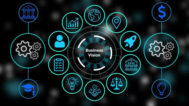Business technology interface with glowing blue and gear symbols for data analysis and corporate development on dark blurred background