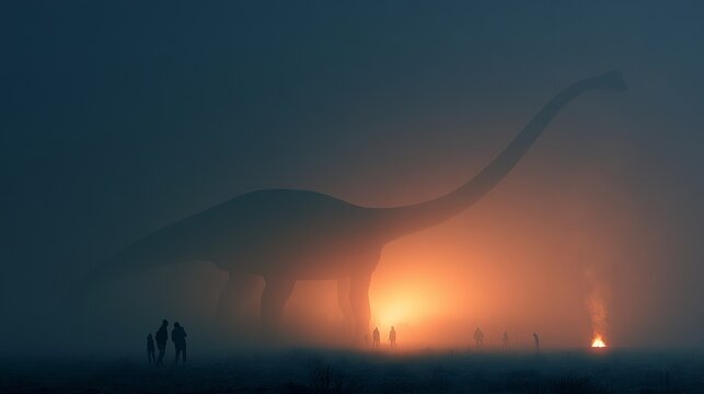 Giant dinosaur shadow at night, in fog. Tiny figures decorate the scene. Misty background burns.