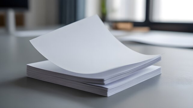 Stack of blank white printer paper sheets on a desk