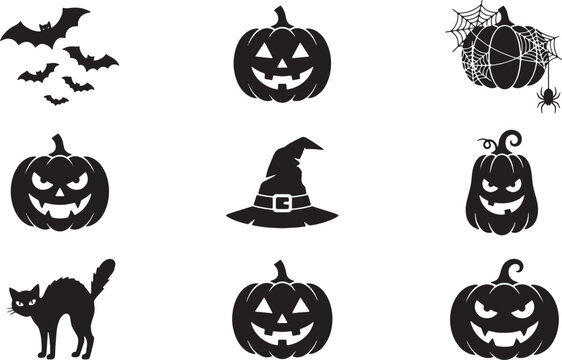 Halloween symbols with pumpkins bats witch hat and spider isolated on white background