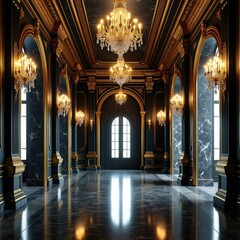 Obraz premium Opulent black, gold interior hallway features intricate architectural details with grand crystal chandeliers hanging from high ceiling. Dark marble flooring reflects warm lighting in long corridor of