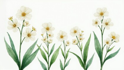 Fototapeta premium Delicate white flowers bloom with green leaves on white background. Watercolor illustration features botanical elements, artistic drawing for spring and summer decor.