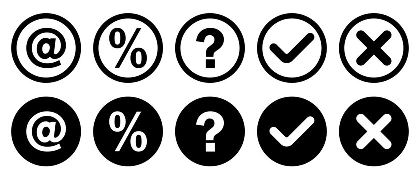 Circle symbol icon collection. Circle, symbol, check, cross and question icons with at, percent, verification and status signs for UI design, web interface, mobile apps, buttons, dashboards, forms,