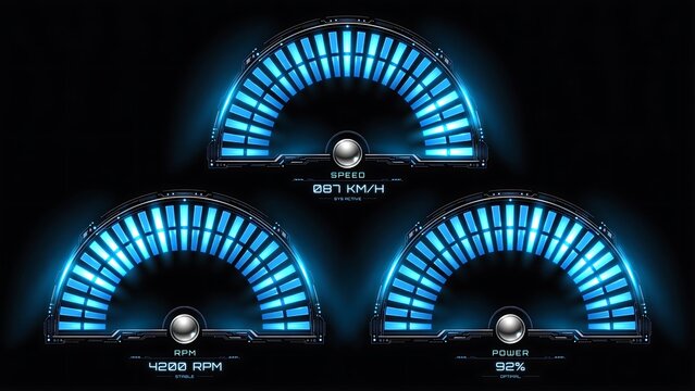 Futuristic car dashboard display with speed rpm and power gauges