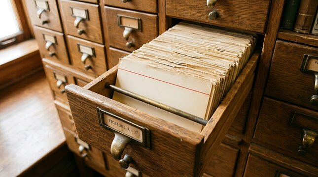 Open wooden library card catalog drawer filled with aged index cards labeled for fiction reference