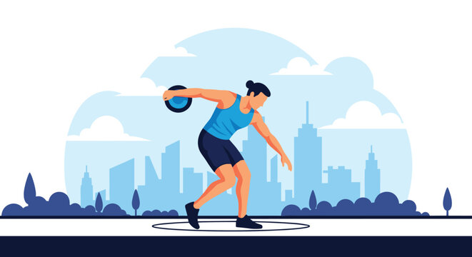 Athletic discus thrower athlete preparing for a throw in a stadium with a city skyline in the background.