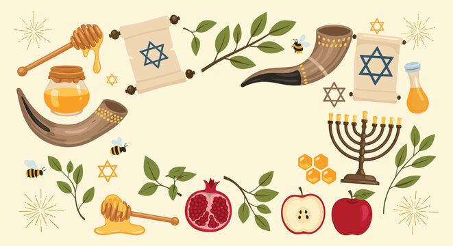 Beautiful Rosh Hashanah frame with traditional Jewish symbols including honey jar, shofars, and pomegranate.