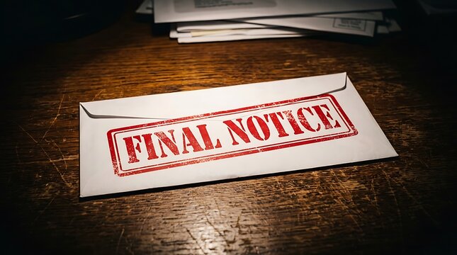 Final notice stamped in red ink on white envelope resting on dark wooden desk with stack of bills and documents representing debt collection process