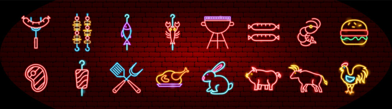 Grill BBQ Food Neon Objects. Vector Illustration of Glowing Led Lamp USA Barbecue Holiday Icons. Big Symbols Set. Meat Hot Menu.
