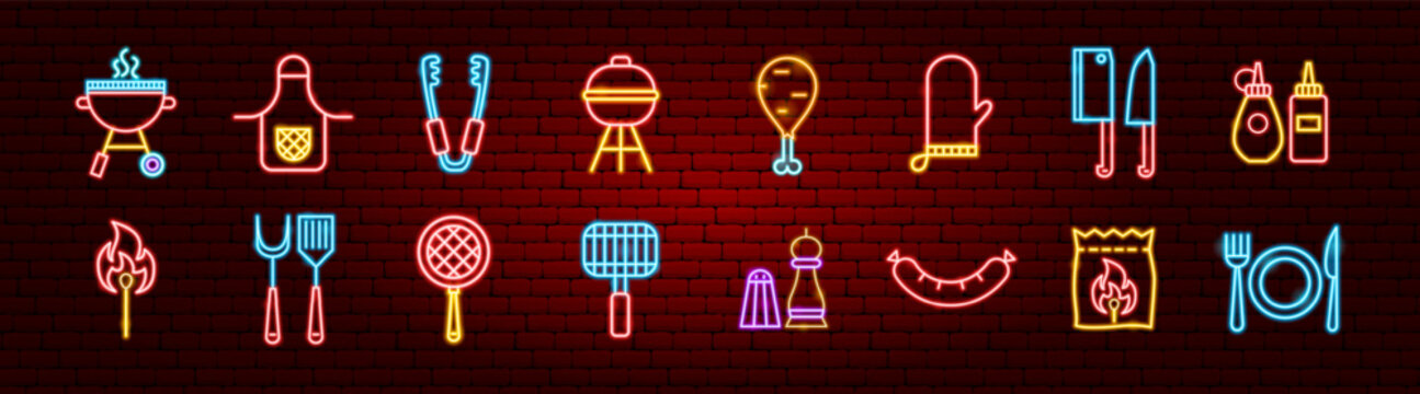 BBQ Grill Neon Objects. Vector Illustration of Glowing Led Fourth July Holiday Icons. Menu Barbecue Symbols Set. 