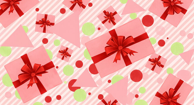 Festive background pattern featuring pink gift boxes with red ribbons and geometric shapes.