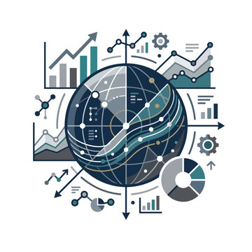 Elegant Modern Infographic Globe with Data Analytics Charts and Growth Arrows Abstract Business Concept