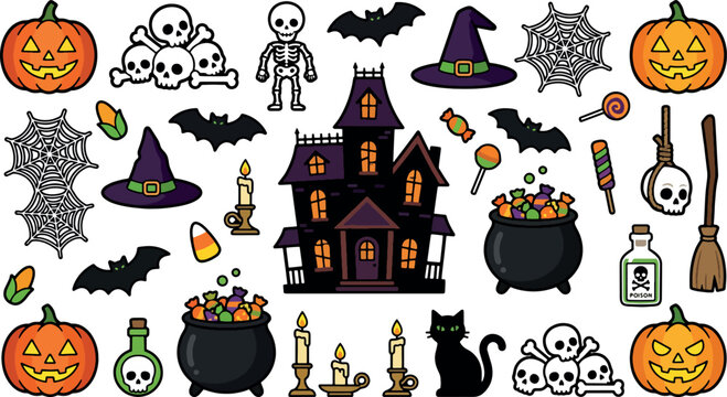 Spooky Halloween elements including pumpkins witches hats and a haunted mansion during a festive celebration Isolated on white background