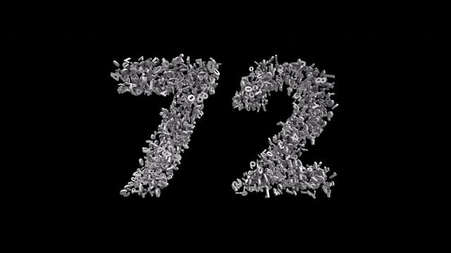 Number 72 Formed by Small Digits Animation with Alpha Channel. Typographic Number Formation Effect. Digital Number Made of Numbers. 3D Font Typographic Animation. Transparent BG