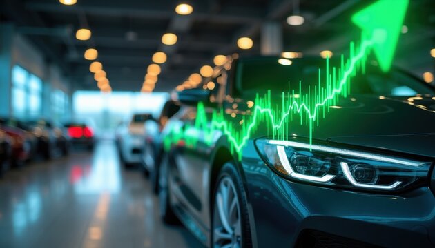New cars arranged in showroom with green upward financial chart overlay. Automotive market growth concept shown on new models. Business success in transport industry.