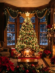 Obraz premium Traditional Christmas interior with a lit tree, nativity scene, and warm holiday atmosphere