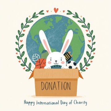 Cute white rabbit sitting in a cardboard donation box surrounded by sports equipment and globe for charity day concept