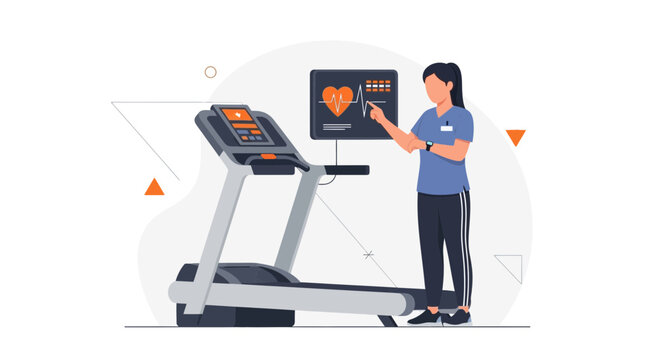 Doctor explains heart monitor results on treadmill display to patient