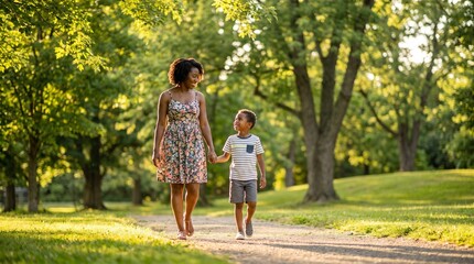 Obraz premium A mother and son hold hands as they walk down a sun-dappled path in a park, surrounded by lush green trees