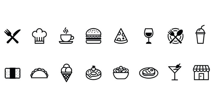 Restaurant and cafe icons set depicting food beverage items and dining services for culinary menus