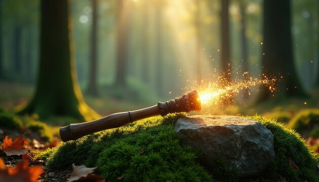 Wooden magic wand emits bright sparks on mossy ground in sunlit forest. Sunlight streams through trees, creating an enchanted atmosphere. Fairytale scene with natural elements.