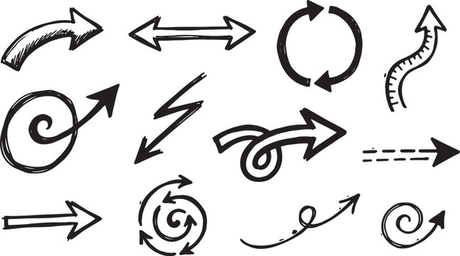 Hand-drawn arrows, circles, and spirals in black ink on white background, lines curves