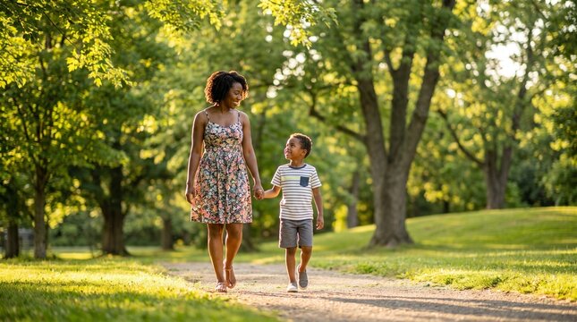 A mother and son hold hands as they walk down a sun-dappled path in a park, surrounded by lush green trees