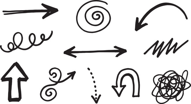 Hand-drawn arrows, circles, and swirls in black ink on white background, lines curves