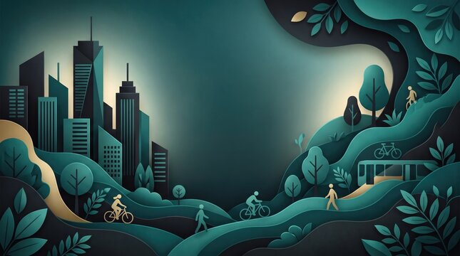 World Car Free Day 2026 abstract background design Illustrated cityscape with cyclist and nature landscape under moonlight