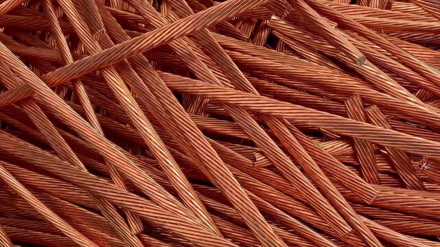 Panning across some bright copper wire stripped from electricity power cables for recycling. High quality 4k footage