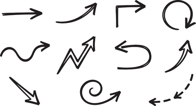 Hand-drawn arrows, symbols, and geometric shapes in black ink