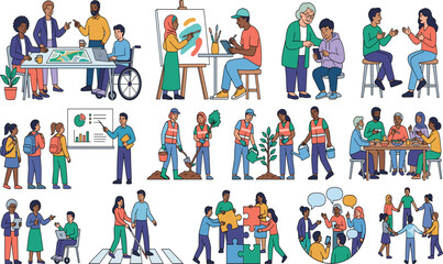 Fototapeta premium Diverse community vector set featuring inclusive people, teamwork, volunteering, education, and accessibility concepts