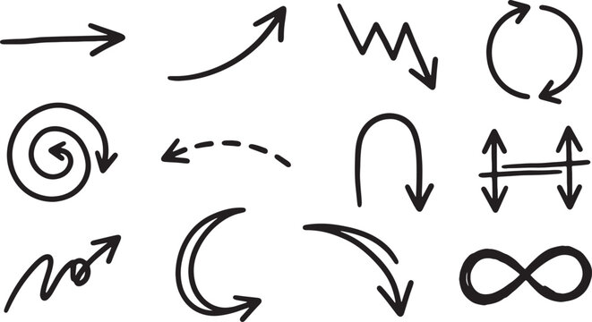 Hand-drawn arrows, symbols, and shapes in black ink on white background