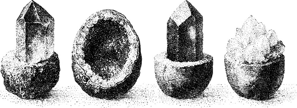 Set of crystal and geode stone cross sections vintage engraved stipple artwork for design background and pattern