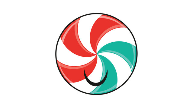 Happy smiling peppermint candy with dual colored red and teal swirl patterns representing sweet festive holidays.