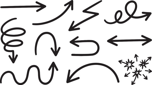 Hand-drawn black and white arrows, lines, and symbols on white background