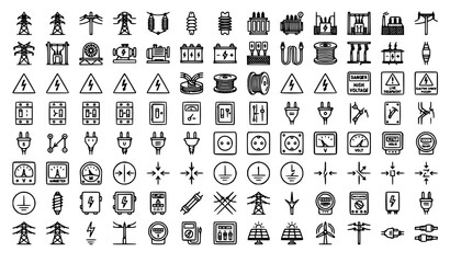 Obraz premium High Voltage Electrical Line Icons Set Editable Stroke Black and White Vector Illustration