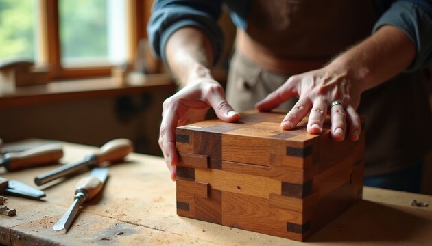 Pro carpenter works with wooden box on bench in workshop. Skilled artisan fits corner joints using manual tools. Master builder crafts handmade item from timber planks with precision. Experienced
