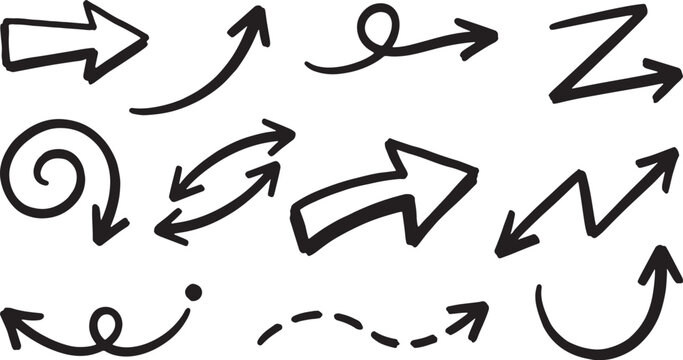 Hand-drawn black ink doodles of arrows, squiggles, and shapes