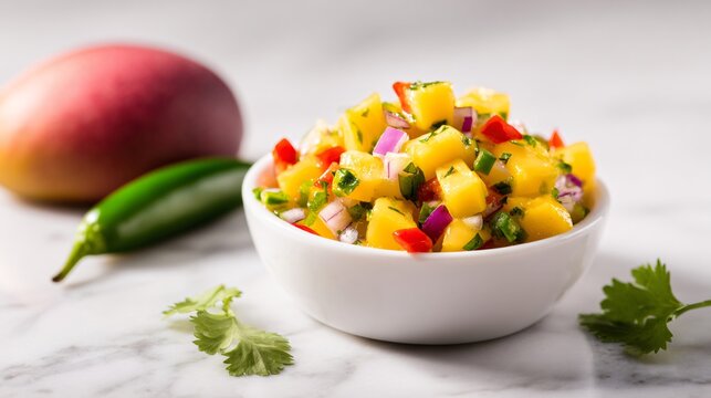 A clean product-style mango salsa arrangement isolated on polished white marble with refined commercial lighting