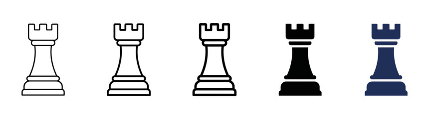 Set of five chess rook icons in different styles: outline, filled, black, and blue © Kalimasada