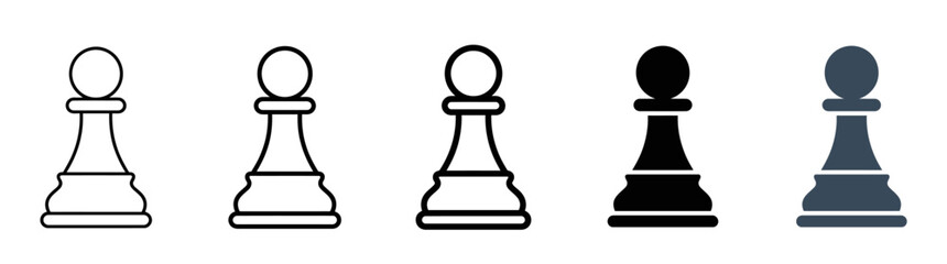 Set of five chess pawn icons, outlines and solid fill, black, white, and blue colors, representing strategy and games. © Kalimasada