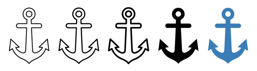 Collection of anchor icons: sketch, outline, solid black, and blue maritime symbols for nautical themes. © Kalimasada
