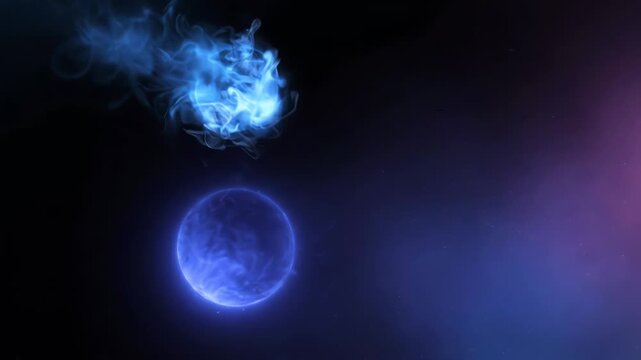 Abstract cosmic scene with two glowing blue spheres in deep space