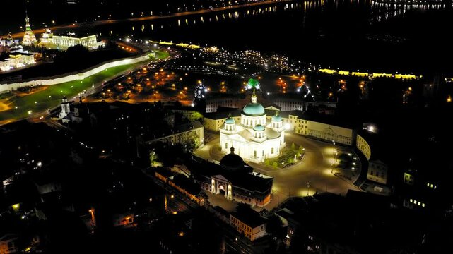 Kazan, Russia. Drone footage of the Kazan Cathedral. Night time. Drone footage, Departure of the camera